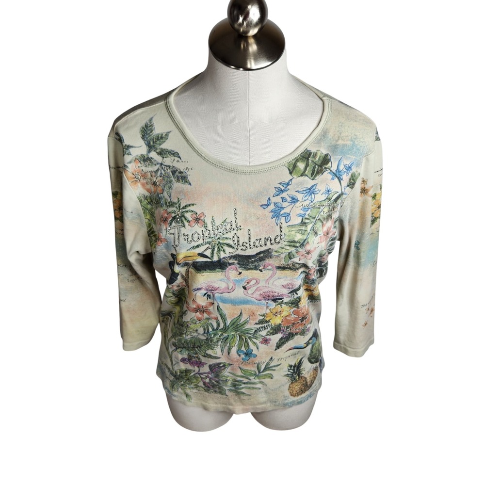 Cactus Embellished 3/4 Sleeve Top Tropical Island XL‎